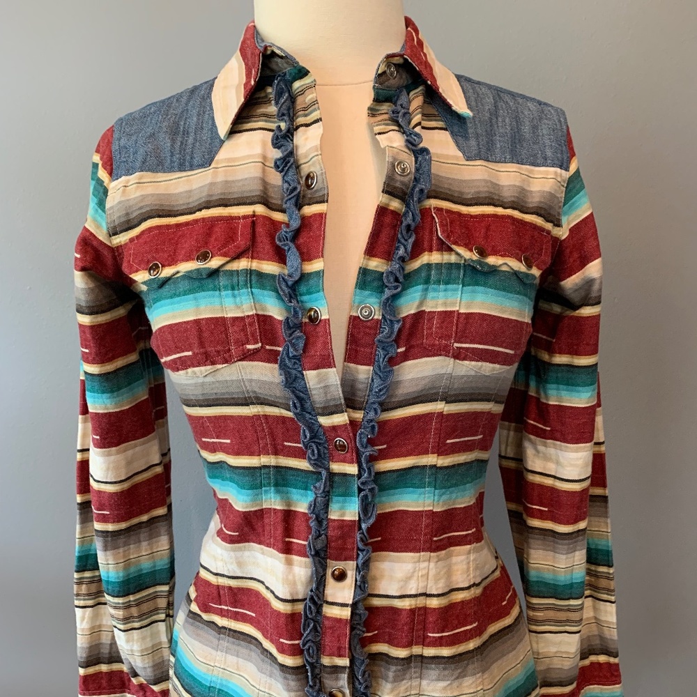 Mexican blanket & denim Tasha Polizzi pearl snap western shirt- Sz Small